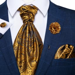 Classic Wedding Ascot Tie For Men Yellow Gold Red Paisley Floral Scarf Neck Tie Brooch Pin Set Cravat Ascot Tie For Banquet