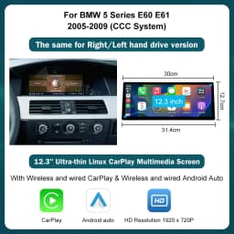12.3" Ultra Thin Screen For BMW 5 Series E60 E61 3 Series E90 E91 E92 E93 CCC/CIC Wireless Carplay Car Multimedia Monitor Radio