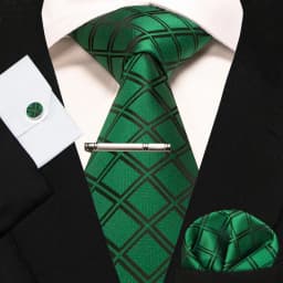 8cm Silk Mens Ties Green Black Ties Plaid Stripe Necktie Pocket Square Cufflinks Tie Clips Set Men's Wedding Business Party Tie