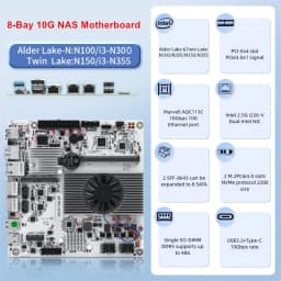 Topton 8-Bay 10G NAS Motherboard Intel Core I3-N300 N150 1*10G 2*2.5G LANs 2*NVMe 2*SFF-8643 to 8*SATA PCIex1 Firewall Mainboard