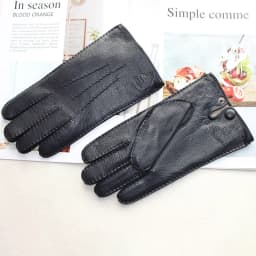 New hand-stitched touch screen leather men's deerskin gloves Wool knit lining black corrugated driving gloves