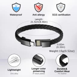 Leather Rope Bracelet for Men Boys,Black Charging Cable Wristband,Simple Convenient Jewelry Gifts