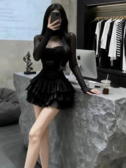 plus Size Sexy Chic Black High Collar Mesh Splice Short Dress Atmosphere Sensation Spicy Girl Dress High Waist A-Line Skirt