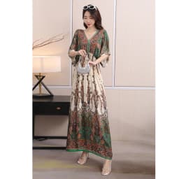 n Long Print Dr V-Ne Slimming Cotton Silk Beachwear Casual High Waist Summer Women's Loose Fit Overhead Dr