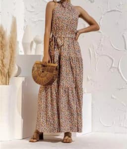 Women's Halter Neck Maxi Dress - Floral Print Boho Chic Smocked Waist Summer Beach Dress for Vacation Casual Wear