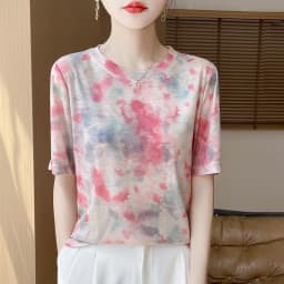 Summer New Women's Round Neck Printed Knitted Short-Sleeved Thin T-shirt Loose Bottoming Shirt