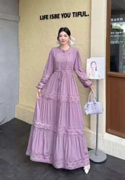 Retro Ladylike Light Purple Lace Splicing Long Sleeve Women's Dress Slimming Waist Design Elegant Floor-length Gown