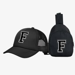 2pcs Kids' 26 letter printed pattern truck hat+chest bag set, stylish casual sunhat, portable storage purse, suitable for daily