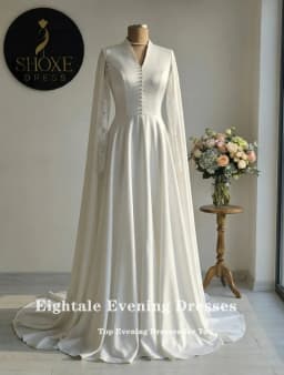 Eightale Arabic Wedding Dress V-Neck Lace Customized Ivory Satin Long Sleeves Cape Sleeves Bridal Gown Bride Party Dress