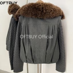 OFTBUY 90 White Duck Down Jacket Knit Sleeve Zipper Pockets Drawstring Short Coat Women Winter Real Curly Lamb Wool Fur Collar