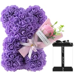 25cm Rose Bear with Artificial Foam Flower Bouquet, Romantic Creative Gift for Valentine's Day & Anniversary