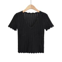 Women V Neck Knitted Crochet Tee With