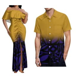 2024 New Hawaiian Gradient Polynesian Island Couple Set Women'S Off-The-Shoulder Dress Party Fishtail Skirt With Men'S Shirt