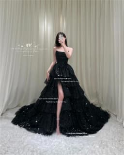 Xijun Glitter Black Long Evening Dresses Tiered Sleeveless Korean Wedding Dresses Photo Shoot Formal Prom Dresses Customized