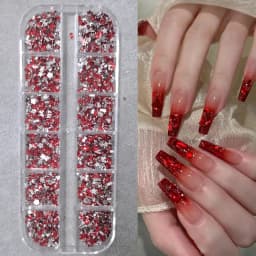 12grids Red Nail Gems Rhinestones 2/3/4/5mm Flat-Back Nail Crystal Diamond SS6/10/16/20/30 Mixed Luxury Glass Rhinestones Charms