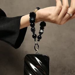 Niche Luxury Black Fluffy Cat Mobile Phone Strap with Beaded Handle Chain Wrist Anti-Theft Clip Bag Accessory