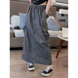 Women Y2k Cargo Long Skirt High Waist Drawstring Maxi Skirt Ruched Vintage Split Elastic Waist Cargo Skirt with Pockets