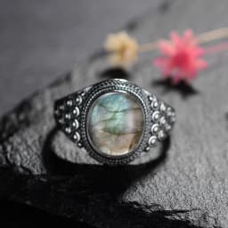 Silver Ring for Women Oval Round Natural Labradorite Ring Gift Sun Shaped Retro Luxury Fine Jewelry
