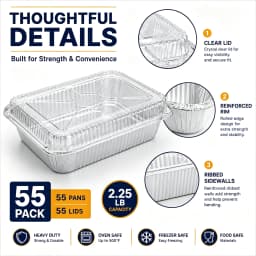 55 Pack 8.5' X 6' Aluminum Pans with Lids, 2.25 LB Foil Food Containers Heavy Duty Tin Foil Pans with Clear Plastic Covers for Meal Prep, Baking, Freezer Storage, Takeout & Catering