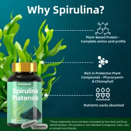 Fmlave Supplements Organic Spirulina - Protein Rich Blue Green Algae Superfood Supplement for Energy and Immune Support, 60 Vegetarian Capsules