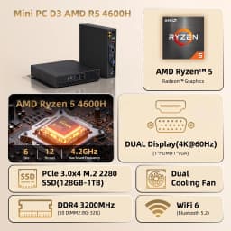 Texhoo MINI PC AMD Ryzen5 4600H Windows 11 16G DDR4 2666MHz 512G NVMe SSD Desktop Mini Computers WIFI6 BT5.2 Dual 4k Display