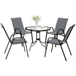 Outsunny 5 Pieces Garden Table and Chairs, 4 Seater Garden Furniture Set with High Back Stackable Chairs and Glass Top Table