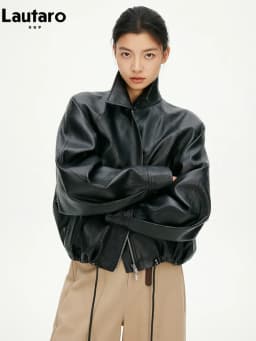 Lautaro Spring Autumn Green Short Pu Leather Jacket Women with Zipper Luxury Designer Clothes Loose Casual Korean Fashion 2026