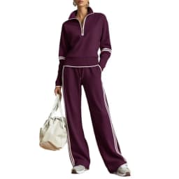 Women Quarter Zip Sweatshirt Wide Leg Pants Set Striped Trim Casual Loungewear 2 Piece Outfit for Everyday Wear and Relaxed Days