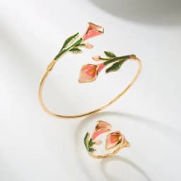 Retro Red Rose Flower Bracelet Ring Set For Women Vintage Drip Oil Open Adjustable Cuff Bangle Finger Ring Party Wedding Jewelry