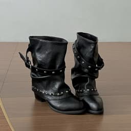 Rivet Buckle Women Mid Calf Boots Round Toe Pants Tube Leather Boots Autumn Winter Vintage Ladies Slip On Western Cowboy Boots