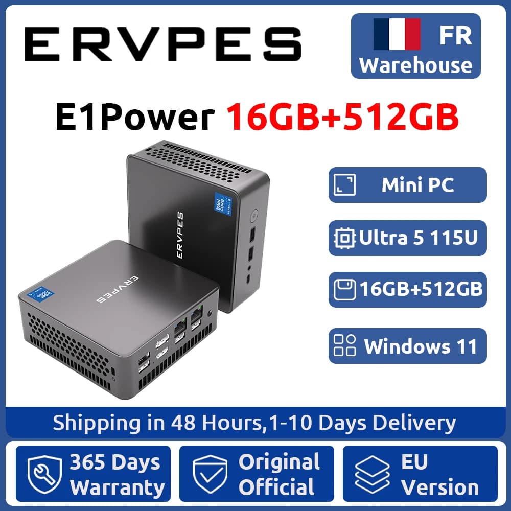 ERVPES E1Power Mini AI PC Intel Core Ultra 5 115U 8 Cores 10 Threads 16GB LPDDR5 512GB SSD WiFi Bluetooth USB HDMI Type-C Windows 11 Wifi 6 BT5.0
