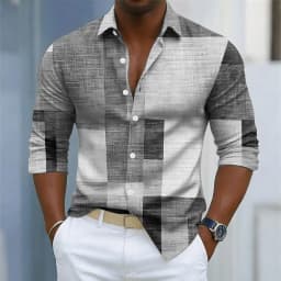 Men's retro plaid print long-sleeved shirt, button-down front for everyday wear, relaxed fit, business casual top.