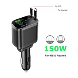 5 in 1 150W Car Charger Voltage Display PD30W Super Fast Charging 22.5W With Retractable Cable For IPhone Xiaomi Samsung