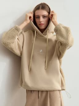 Amii Drawstring Hooded Splicing Imitation Lamb Wool Sweatshirt Embroidered 2024 Winter Women's Loose Thermal Tops 12444131