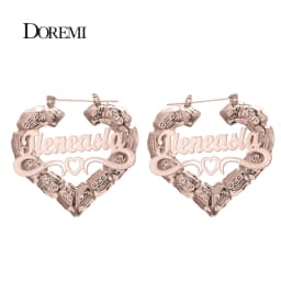 DOREMI 30-90mm Stainless Steel Bamboo Custom Heart Shape Earrings Customize Name Earrings Bamboo Style Custom Hoop Earrings Gift