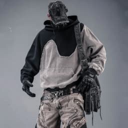Contrast Color Patchwork Techwear Style Casual Hoodies Man Autumn Tactical Function Washed Distressed Design Long Sleeve Tops