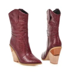 SIMLOVEYO Women Mid-Calf Boots Pointed Toe Thick Heel Cowboy Pull On Big size 34-48 US17 Yellow Red Autumn British