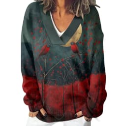 Florals Cardinal Bird Retro Printed V-neck Casual Women Winter Classic Sweatshirts Elegent Pullovers Long Sleeve Loose Jumper
