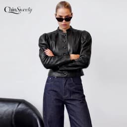 Cropped PU Leather Women's Jackets Coats Puff Sleeve Single Breasted Coat Button Slim Fit Short Jacket Vintage Lady Outerwear