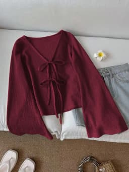 Women's Casual Solid Color Tie Front Semi-Fitted Flare Sleeve Blouse V-Neck Knit Textured Fabrics Cottagecore Top Spring/Fall