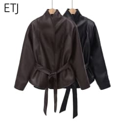 ETJ Women's PU Leather Vintage Wrap Jacket Belted High Neck Short Coat 2026 Spring Minimalist Retro Urban Fashion Outerwear