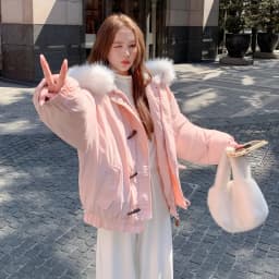 Winter New Horn Button Hooded Down Cotton Jacket Women Chic Faux Fur Collar Baggy Parkas Coat Korean Street Warm Padded Jackets