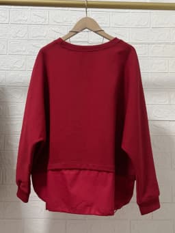 EAM Red Spliced Drawstring Hem Sweatshirt New Round Neck Long Sleeve Women Big Size Fashion Tide Spring Autumn 2026 30A5350