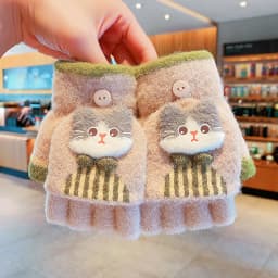 Korean Cute Kids Cartoon Cat Bow Flip Plush Mittens 6-12 Years Old Children Winter Warm Convertible Half Finger Writing Gloves