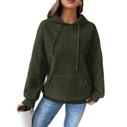 Women's Thick Waffle Knit Crew Neck Sweatshirt with Pocket – Solid Color Hip Length Winter Hoodie for Women's Winter Clothing