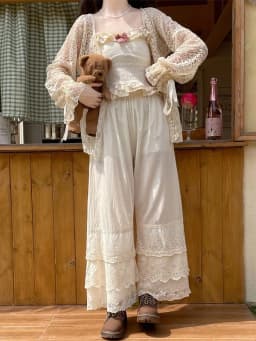Lace Splicing Wide Leg Pants Women's Base Layer Pants Spring Summer Artistic Lady Underpants Trousers