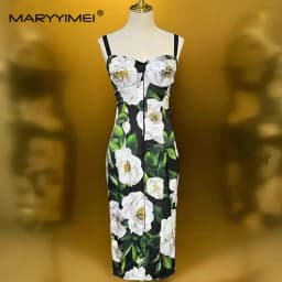MARYYIMEI Spring Autumn Women's Dress Spaghetti Strap Backless High waist Pretty Slim-Fit Hip Wrap Print Silk Dresses