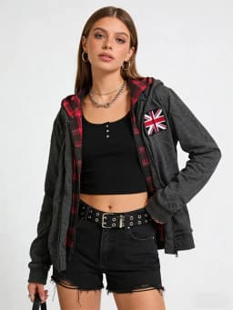 Retro flag print zipper double-layer cardigan hip-hop Harajuku classic style washed gray loose Y2k street trend men's and women'