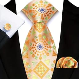 3Pcs Men's Yellow Color Stripes Plaid Solid Ties Pocket Square Cufflinks Wedding Prom Accessories 8cm Cravat Gift for Men
