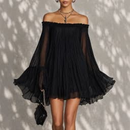 Vintage Solid Off Shoulder Mini Dress Pleated Sheer Flared Long Sleeve Ruffle Trim Loose Flowy Dress Summer Travel Party Dresses